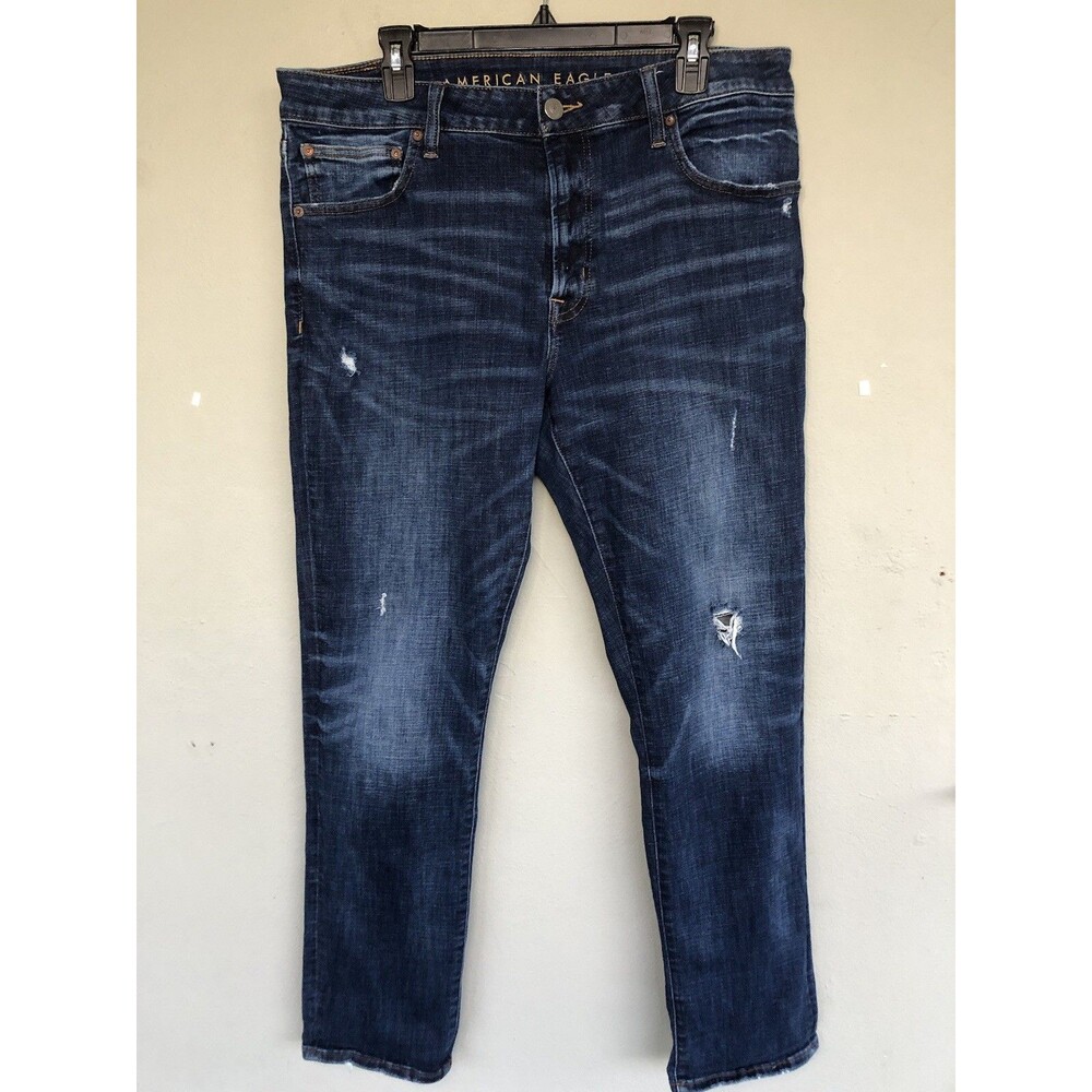 American Eagle Slim Straight Jeans 36X31 Next Level Flex Distressed Dark Wash